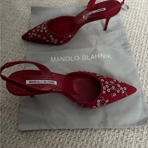 Manolo Blahnik Red Floral Embellished Heels - Picture 1 of 3